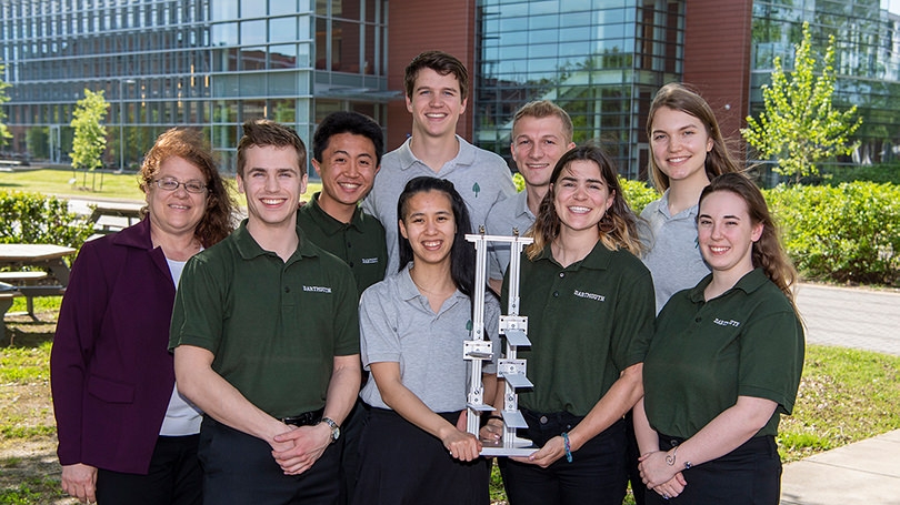 Dartmouth’s winning team poses with their trophy after pitching their idea for a Mars greenhouse at NASA’s Langley Research Center in Hampton, Va.