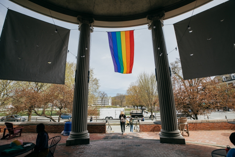 Rainbow flag hangs in front of Collis