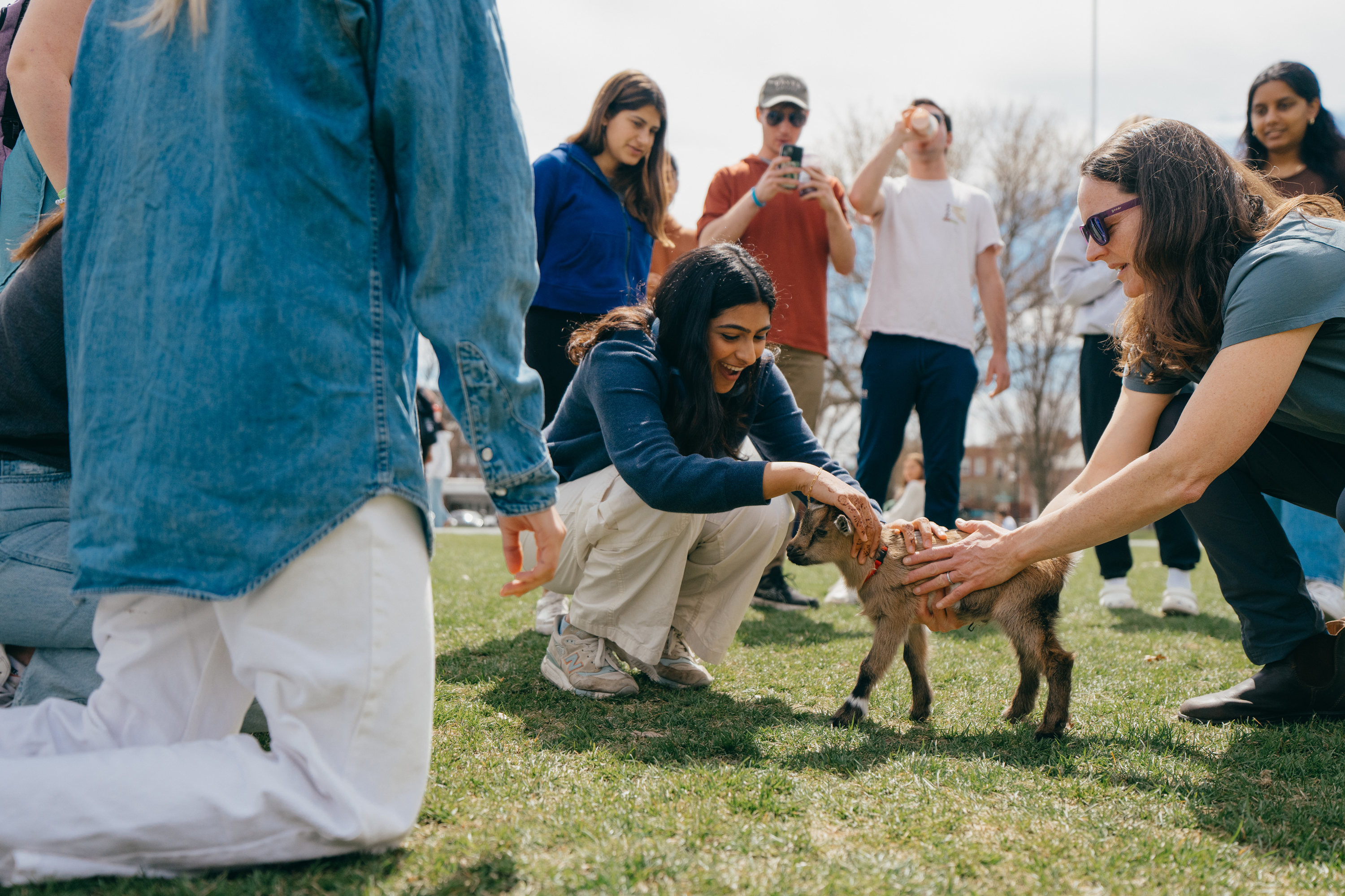 Sofia Dawoodbhoy UG plays with a goat