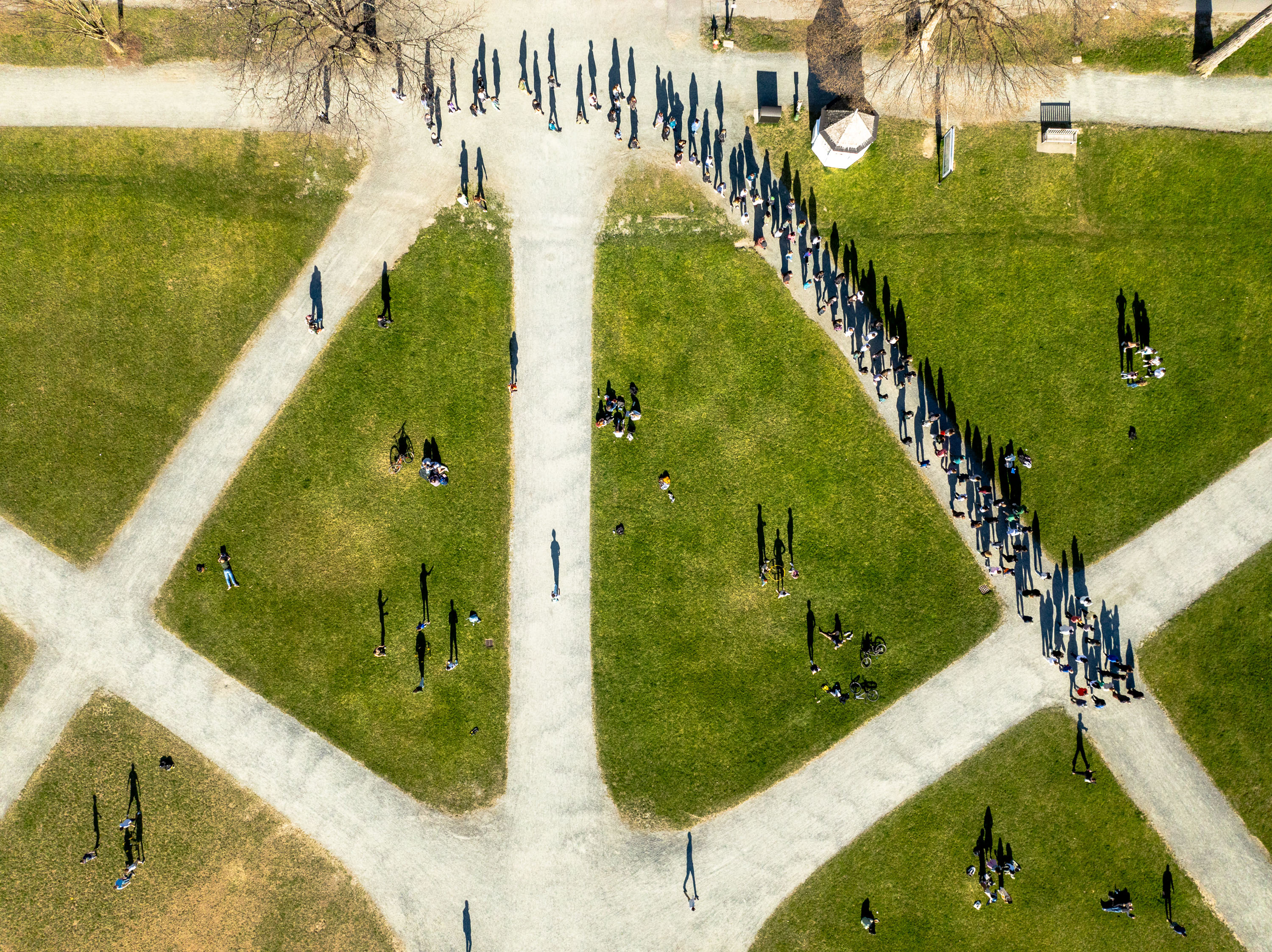 Aerial of monks walking across the Green