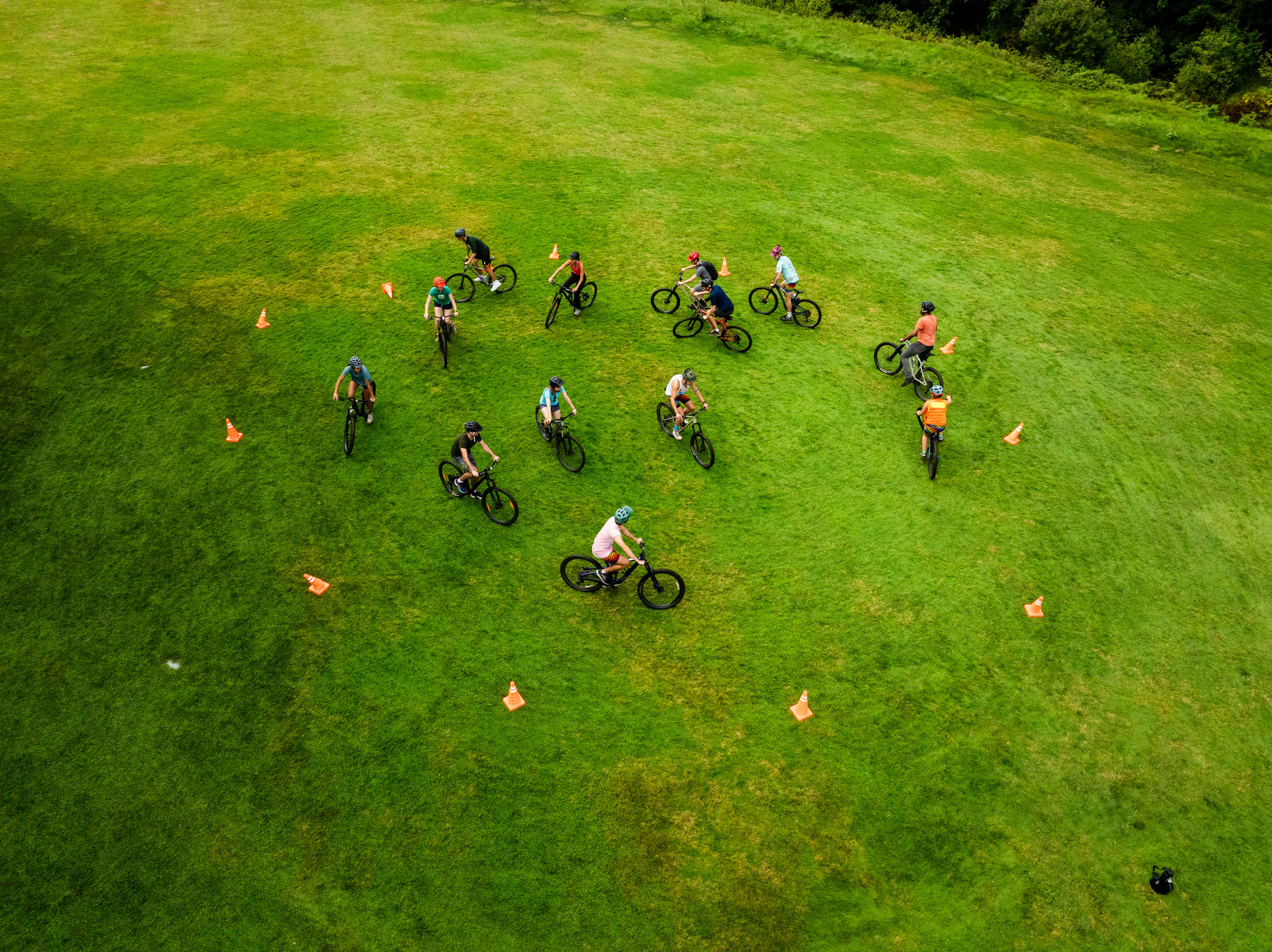 Aerial view of mountain bikers