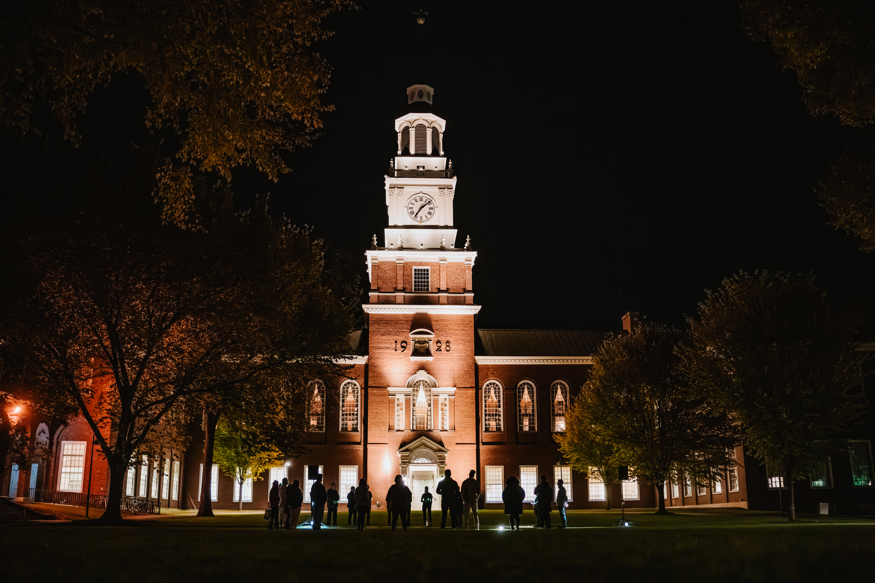 Baker Tower lit up at night