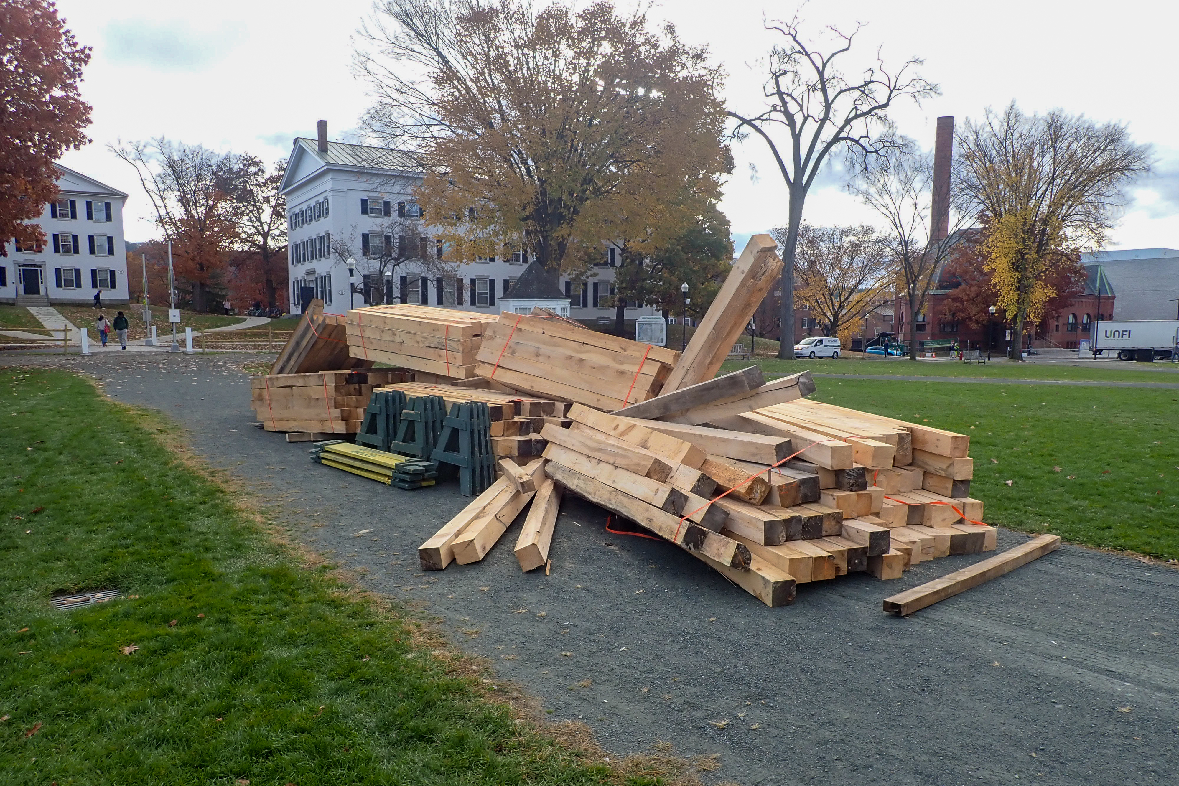 Pile of lumber on the Dartmouth Green