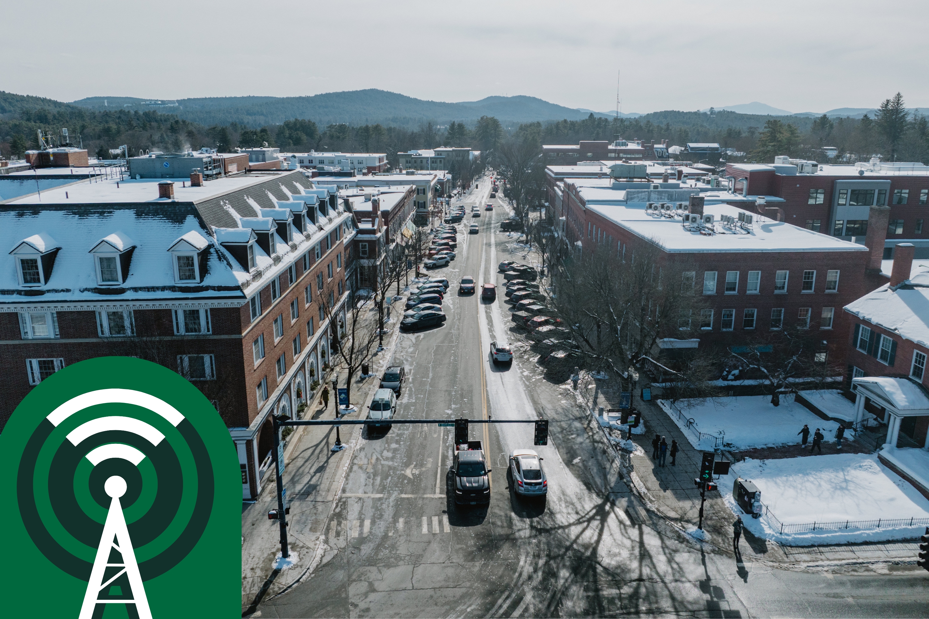 An aerial view of Main Street in Hanover NH
