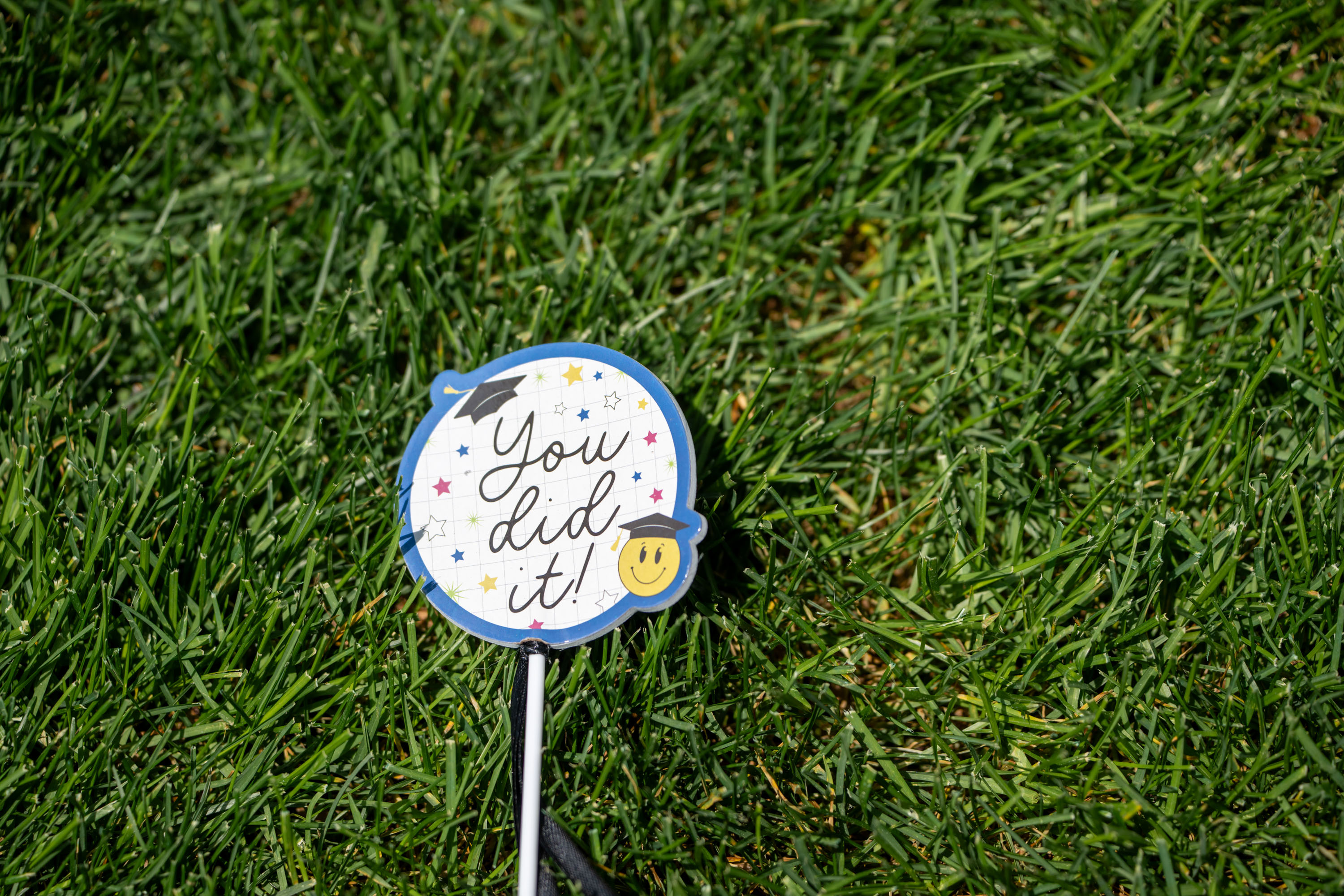 A sign in the grass that reads "You did it!"