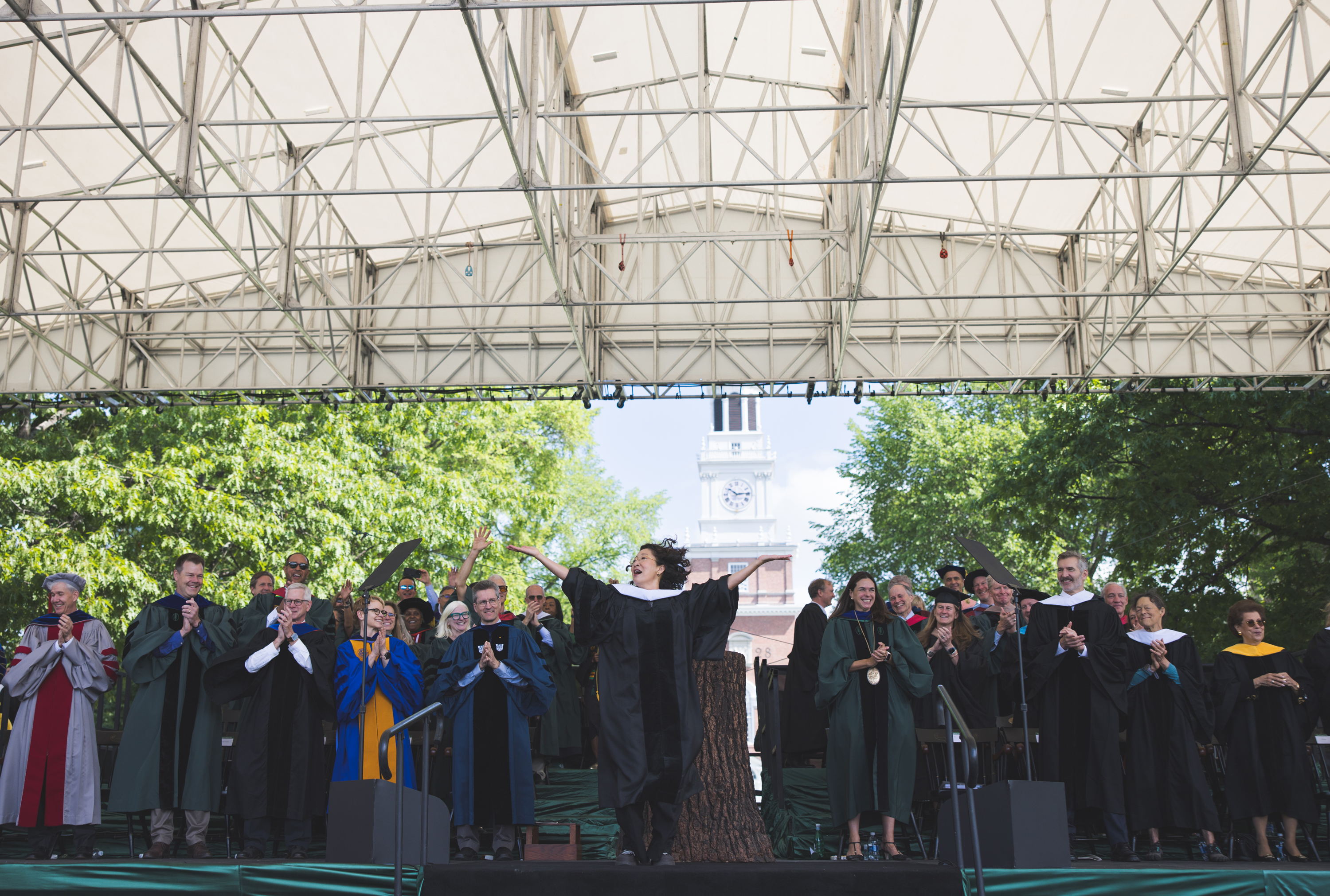 Commencement speaker Sandra Oh leads graduates and the audience in dancing