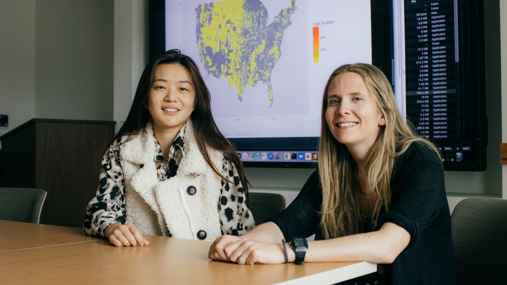 Helen Ma '23, and Rebecca Ann Johnson, assistant professor of quantitative social science, talking about their Department of Labor data project.