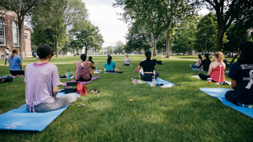 Yoga class on Baker Lawn