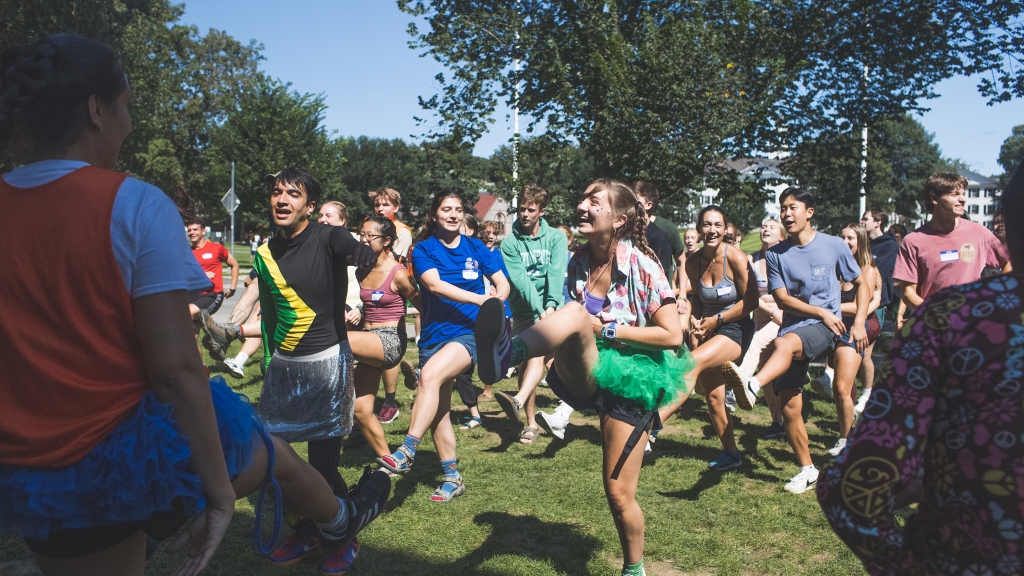 Dartmouth students dancing during orientation