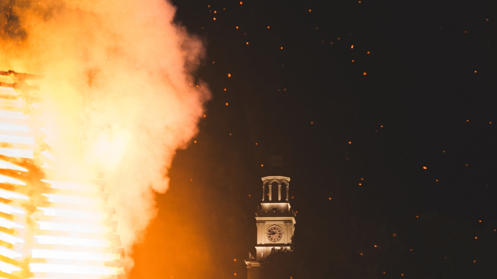 Baker Tower during the bonfire