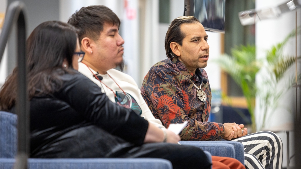 Artist Yatika Starr Fields talks during the panel discussion at the Irving Institute.