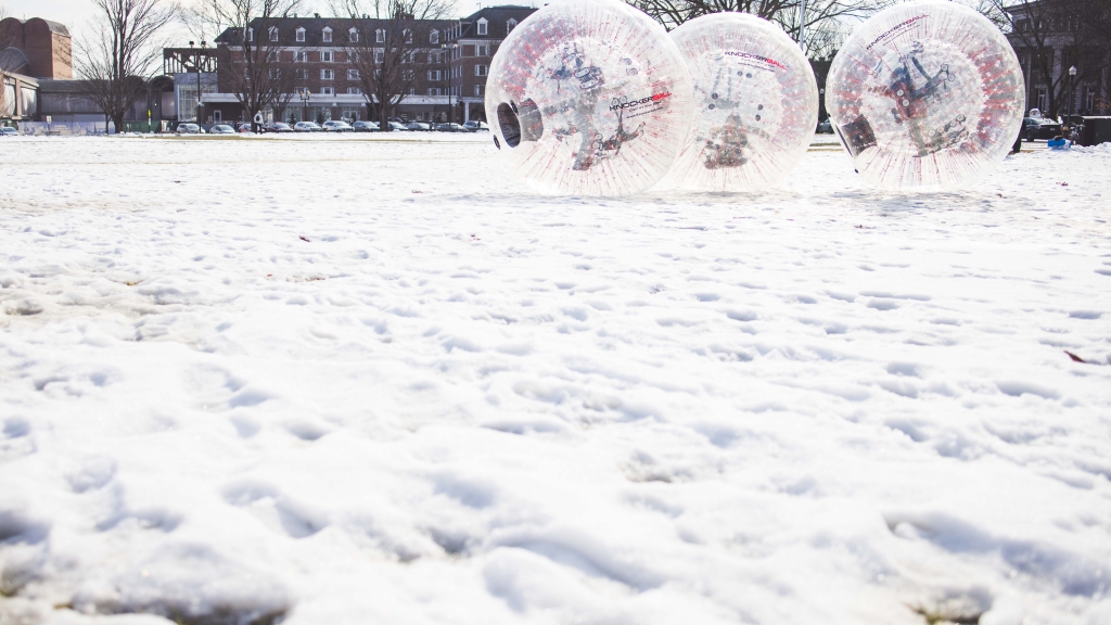 Students rolling inside giant Zorbs