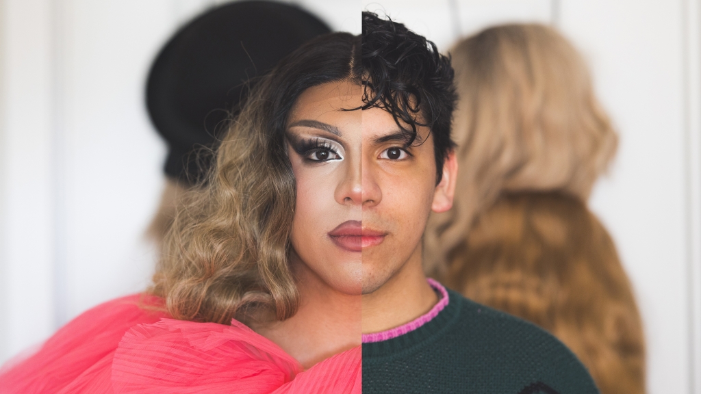 A photo composite Jaime in and out of drag.