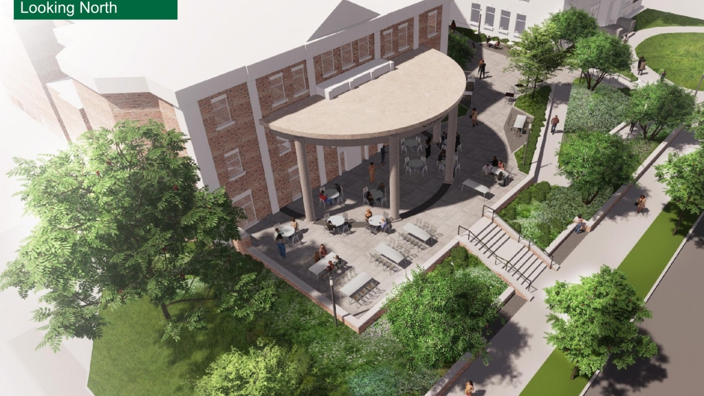 A rendering of the Collis Student Center porch renovation