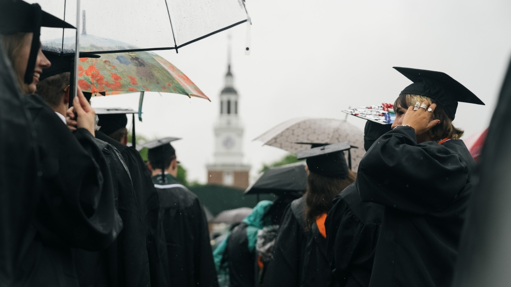 The graduates and baker tower in the rain