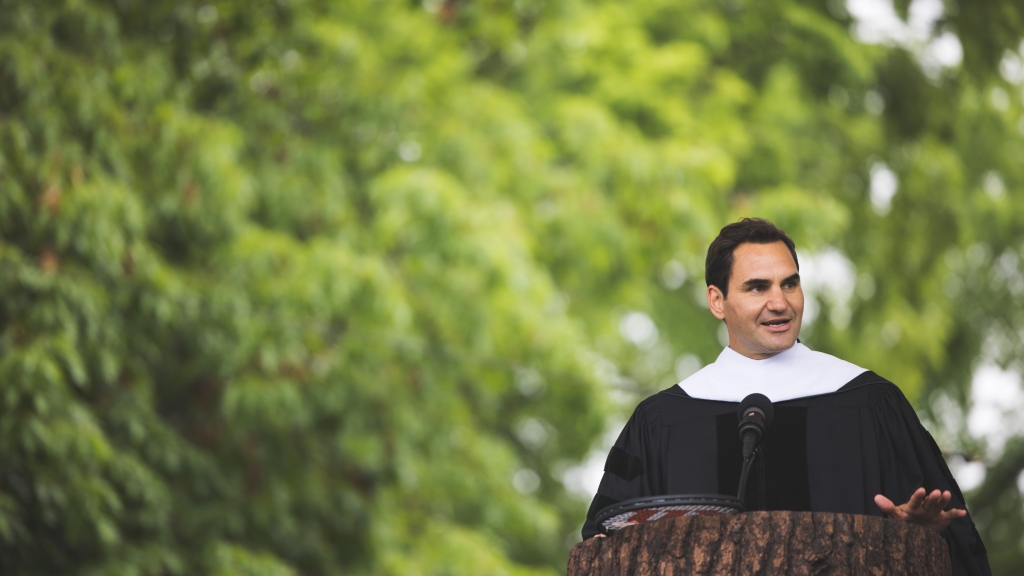 Roger Federer delivering his commencement address