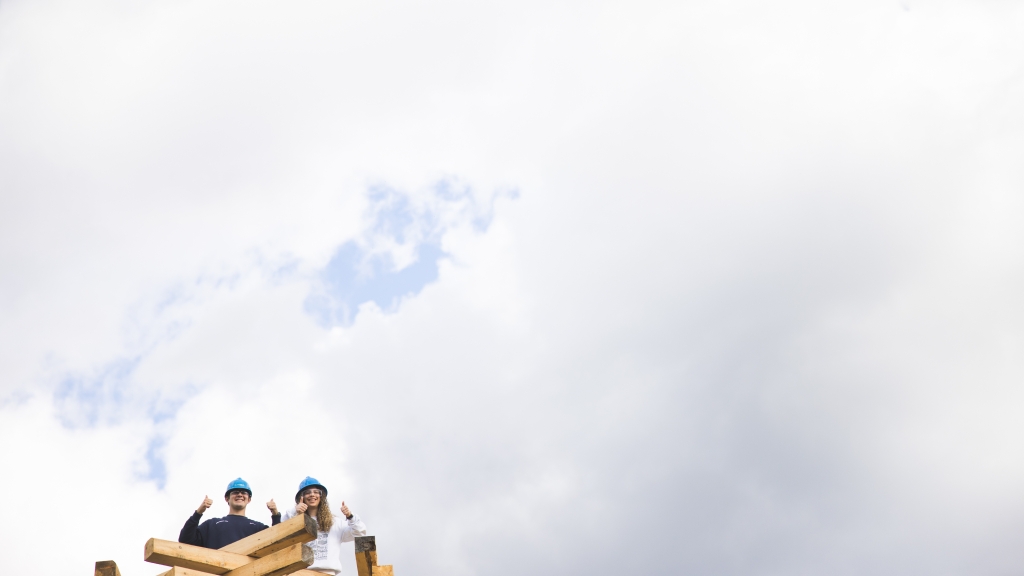 Builders standing on stack of wood