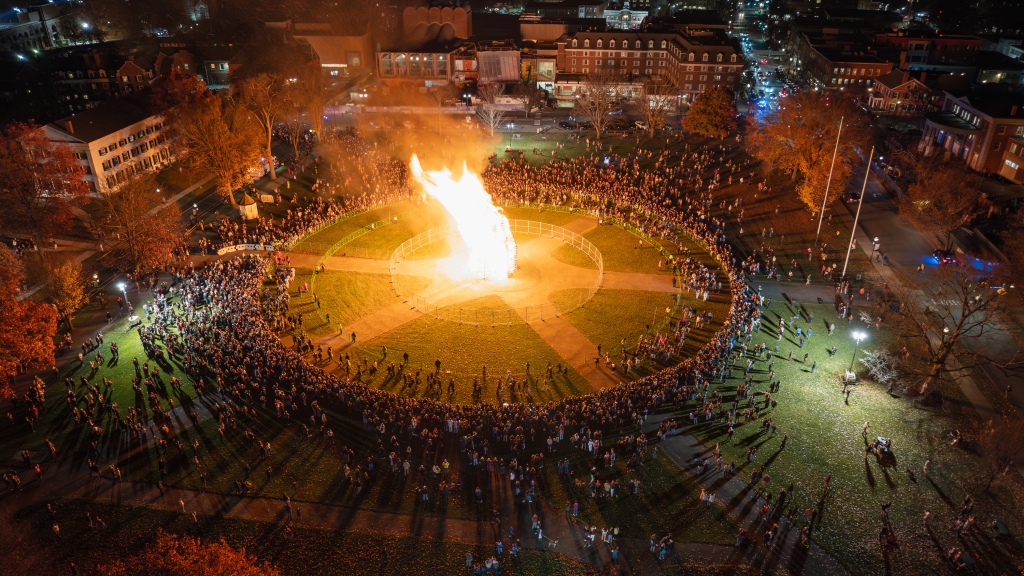 Aerial view of the lit bonfire