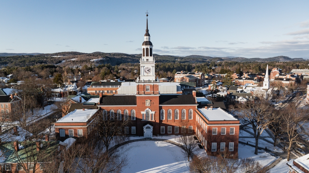 Wide shot of Baker Tower in winter