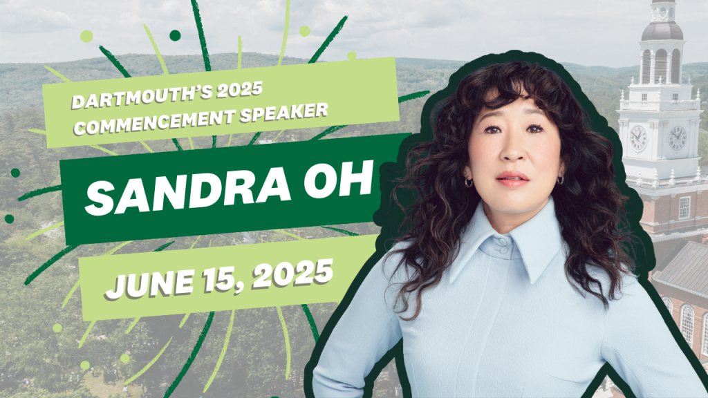 Sandra Oh with a graphic announcing her as commencement speaker